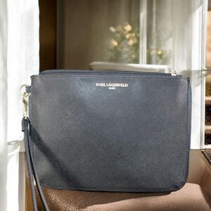Karl Lagerfeld black faux leather leather logo wristlet
